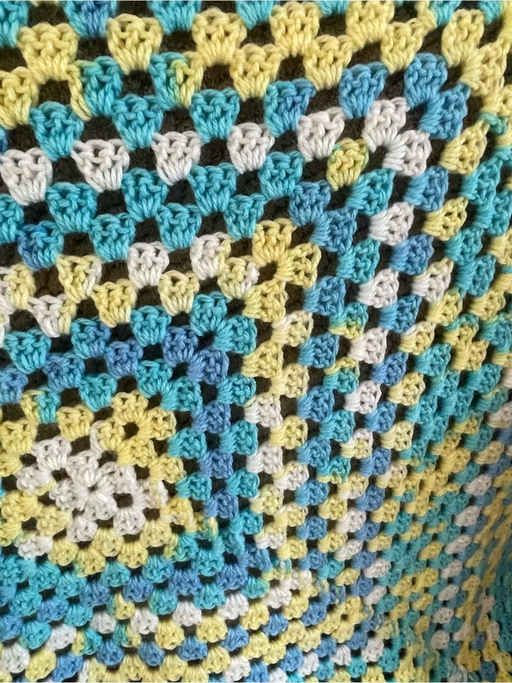 Crocheted Granny Square Throw Blanket - Blue, Yellow, White